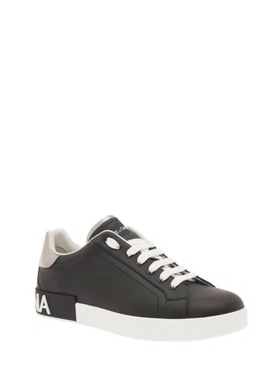 Dolce & Gabbana Portofino Black Low Top Sneakers With Metal Heel Tab And Logo Patch In Leather Man
