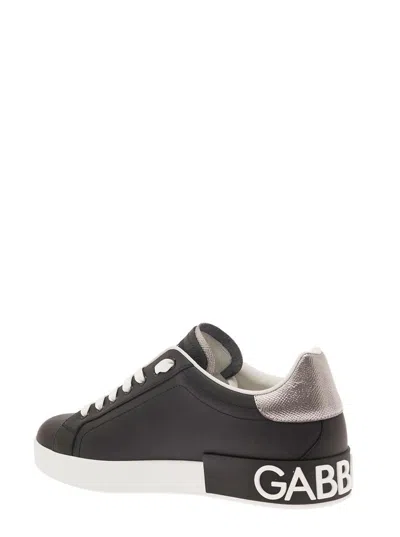 Dolce & Gabbana Portofino Black Low Top Sneakers With Metal Heel Tab And Logo Patch In Leather Man