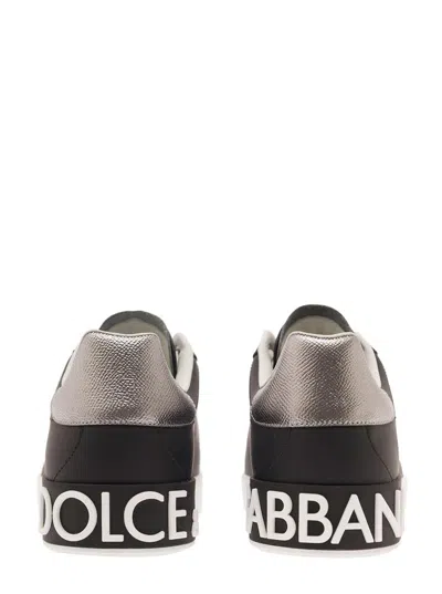 Dolce & Gabbana Portofino Black Low Top Sneakers With Metal Heel Tab And Logo Patch In Leather Man