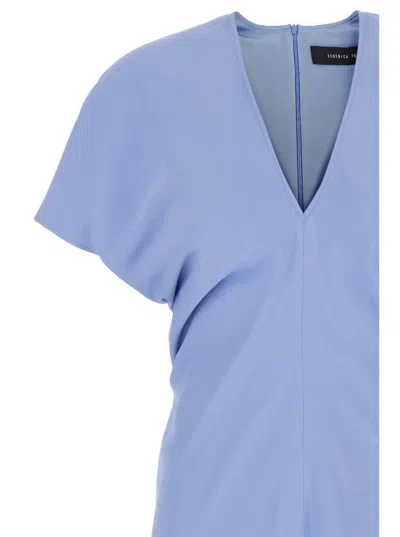 Federica Tosi Blue Long Dress With Wide V-neck On The Front In Fabric Woman In Blue