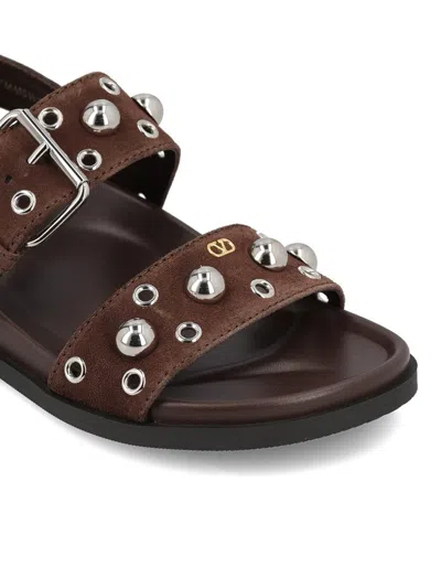 Valentino Embellished Double-strap Sandals In Brown