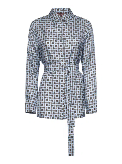 Max Mara Light Blue Printed Twill Boccale Belted Shirt In Blue