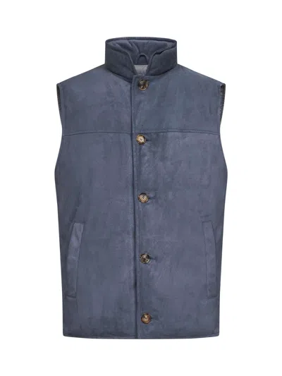 Brunello Cucinelli Light Blue Suede Sleeveless Down Jacket In Blue