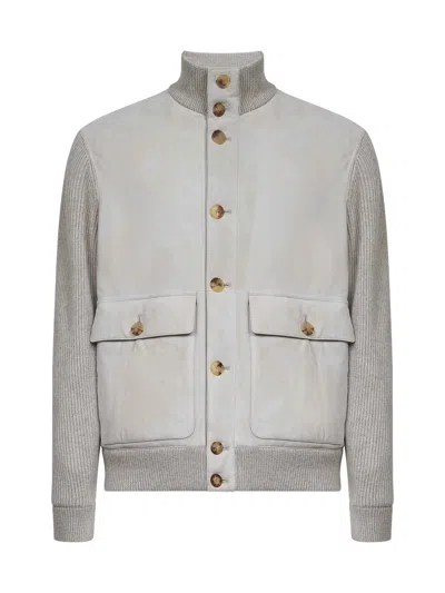 Brunello Cucinelli Grey Suede And Knit Bomber Jacket In Gray