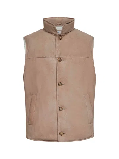 Brunello Cucinelli Beige Suede Sleeveless Down Jacket In Neutral