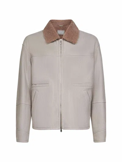 Brunello Cucinelli Long-sleeved Leather Jacket In Gray