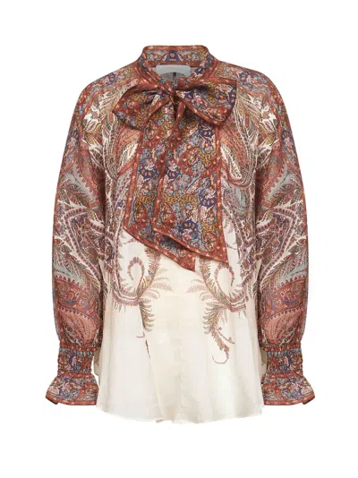 Zimmermann Cream Paisley Ramie Rhiannon Tie Neck Blouse