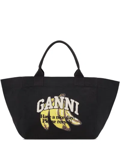 Ganni Women Xxl Banana Print Logo Shopper Bag