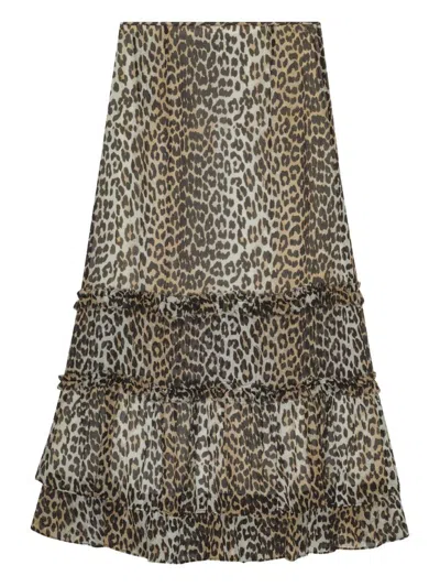 Ganni Animal Print Flared Layered Leopard Skirt