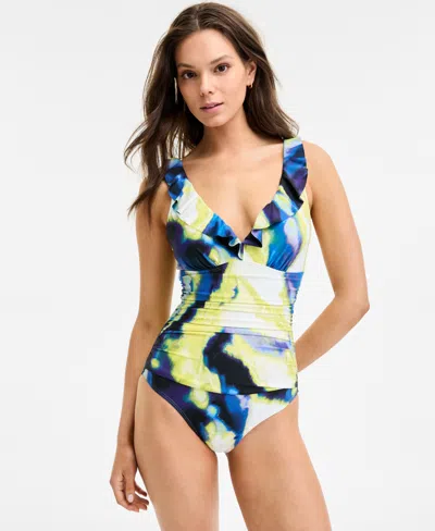 Dkny Ruffle Plunge Underwire Tummy Control One-piece Swimsuit, Created For Macy's In Multi