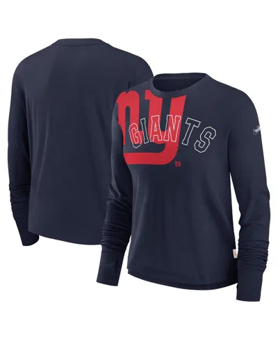 Nike Women's Navy New York Giants Layered Logo Cropped Long Sleeve Fashion T-shirt