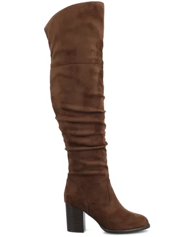 Journee Collection Women's Kaison Stacked Heel Over The Knee Boots In Animal Print