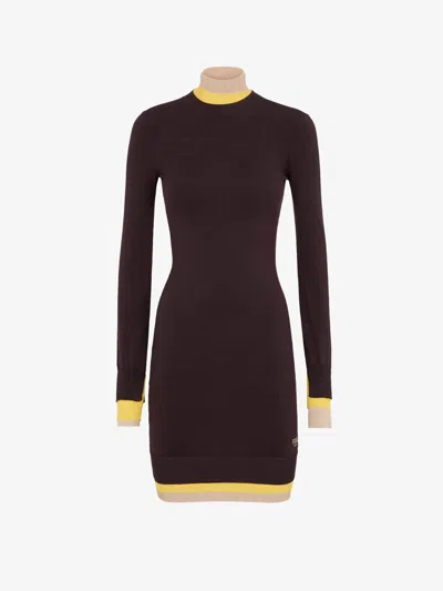 Fendi Mini Wool Dress With Contrasting Details In Burgundy
