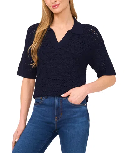 Cece Women's Open-knit Short-sleeve Polo Sweater In Blue