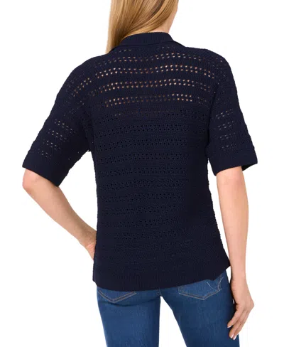 Cece Women's Open-knit Short-sleeve Polo Sweater In Blue