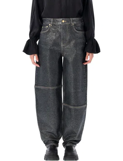 Ganni Wide Leg Trousers Metallic Finish Pockets In Black