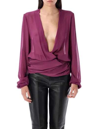 Attico Draped Front V-neck Ruched Blouse In Purple