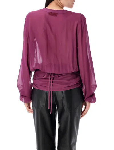 Attico Draped Front V-neck Ruched Blouse In Purple