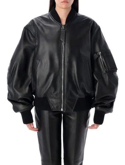 Attico The  Lamb Leather Bomber Jacket With Oversized Silhouette And Utility Pockets In Black