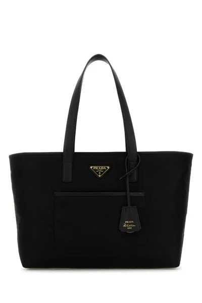 Prada Large Re-edition 1978 Shopping Bag With Front Pocket In Black