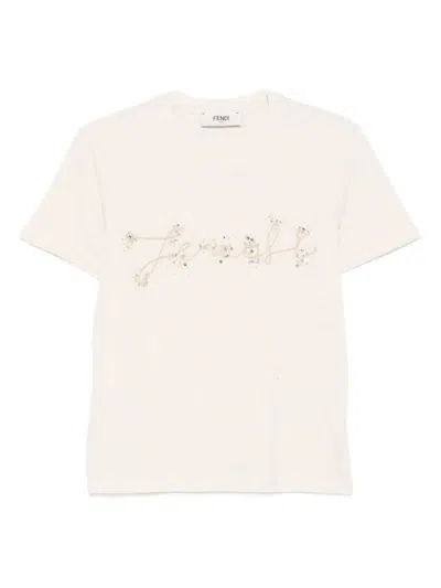 Fendi Beige Cotton And Linen T-shirt With Logo In Neutral