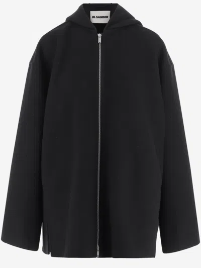Jil Sander Wool Jacket With Hood And Button Cuffs In Black