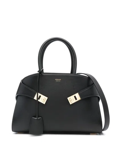Ferragamo Hug M' Black Handbag With Logo And Gancini Buckle In Leather In Black