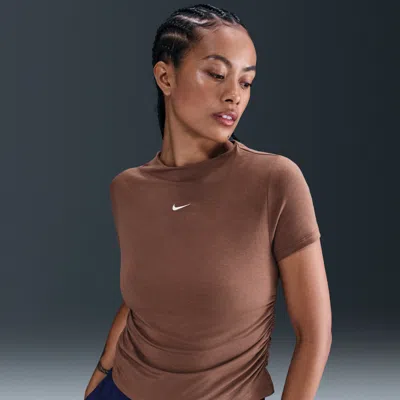 Nike Women's  Sportswear Chill Knit Tight Short-sleeve Mock-neck Top In Brown