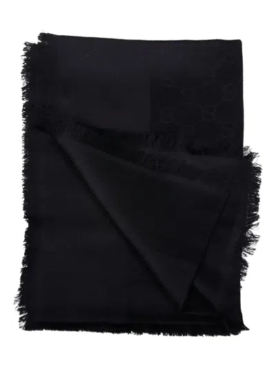 Gucci Monogram Fringed Scarf In Black