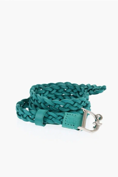 Dsquared2 Braided Leather Skinny Belt 15mm In Green