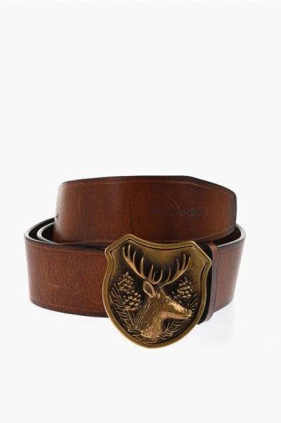 Dsquared2 Leather Belt With Golden Plaque Buckle 40mm