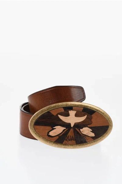 Dsquared2 Leather Belt With Maxi Oval Metal Buckle And Wooden Detail 4