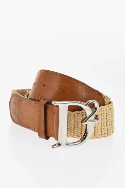 Dsquared2 Two-tone Leather And Raffia Belt With Logoed Buckle 40mm