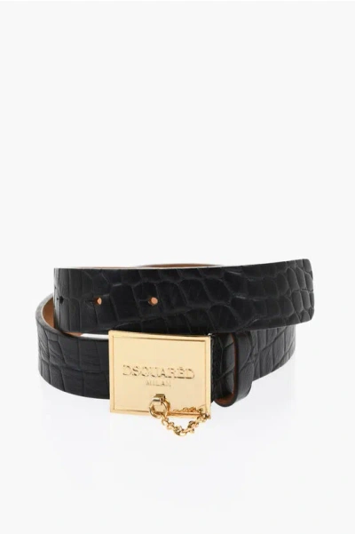 Dsquared2 Crocodile Effect Leather Belt With Golden Buckle 30mm