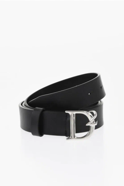 Dsquared2 Solid Color Leather Belt With Logoed Anchor Buckle 30mm In Black