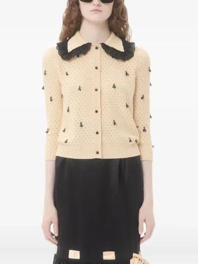 Valentino Pointelle Micro Tassel Ruffled Cardigan In Neutral