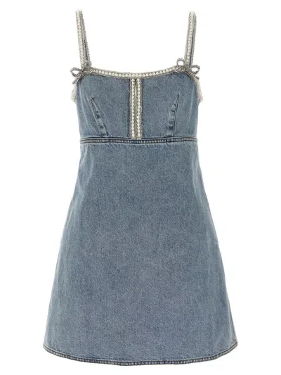 Self-portrait Denim Mini Dress With Pearls In Blue