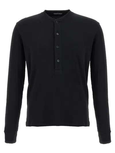 Tom Ford Men Cotton Modal Rib Ls Henley In Black