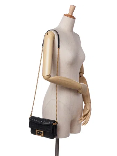 Pre-owned Fendi 2010-2025 Mini Zucca Embossed Leather Baguette Satchel