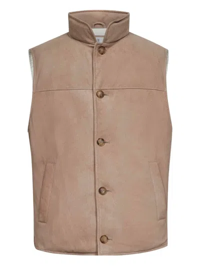 Brunello Cucinelli Beige Suede Sleeveless Down Jacket In Neutral