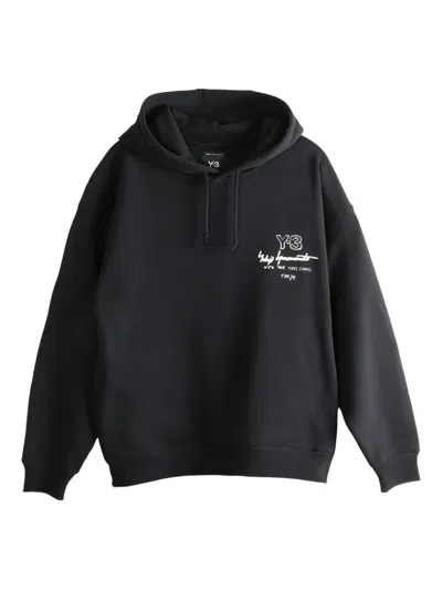 Y-3 Graphic-print Black Cotton Hoodie With Drawstring Hood In Black