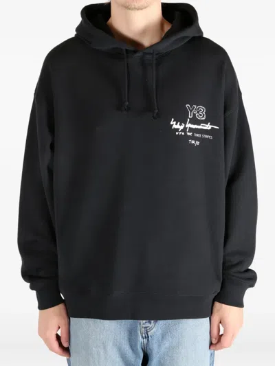 Y-3 Graphic-print Black Cotton Hoodie With Drawstring Hood In Black