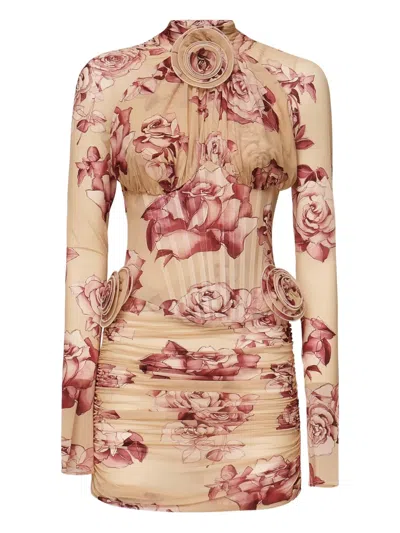 Magda Butrym Long-sleeved Transparent Midi Bustier Dress With Beige Print In Brown