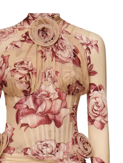 Magda Butrym Long-sleeved Transparent Midi Bustier Dress With Beige Print In Brown