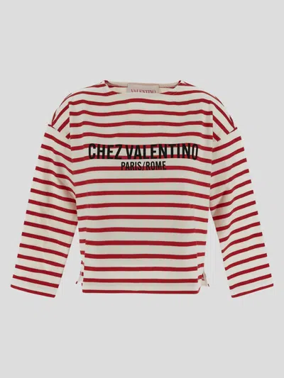 Valentino Women Ivory Striped Cotton Jersey T-shirt In Red