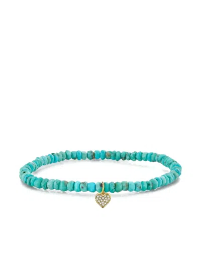 Sydney Evan 14k Yellow Gold Baby Heart Turquoise And Diamond Bracelet In Blue