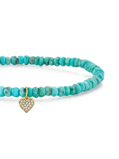 Sydney Evan 14k Yellow Gold Baby Heart Turquoise And Diamond Bracelet In Blue