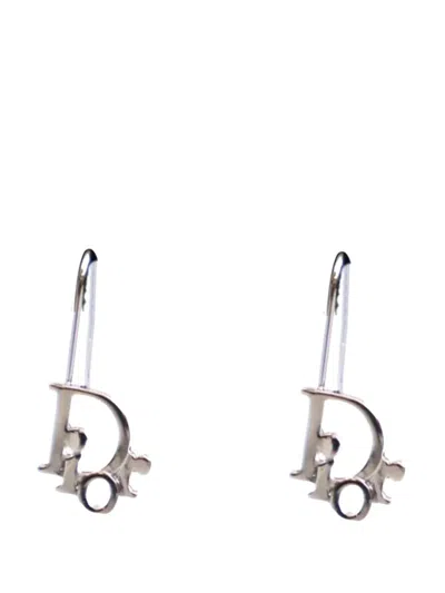 Pre-owned Dior 20th Century Palladium Plated Logo Drop Earrings Costume Earrings