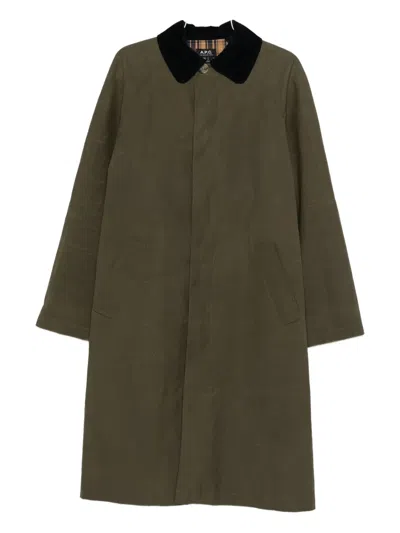Apc Corduroy-collar Cotton Coat In Green