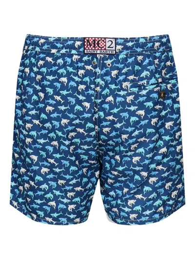 Mc2 Saint Barth Drawstring Shark-print Swim Shorts In Blue